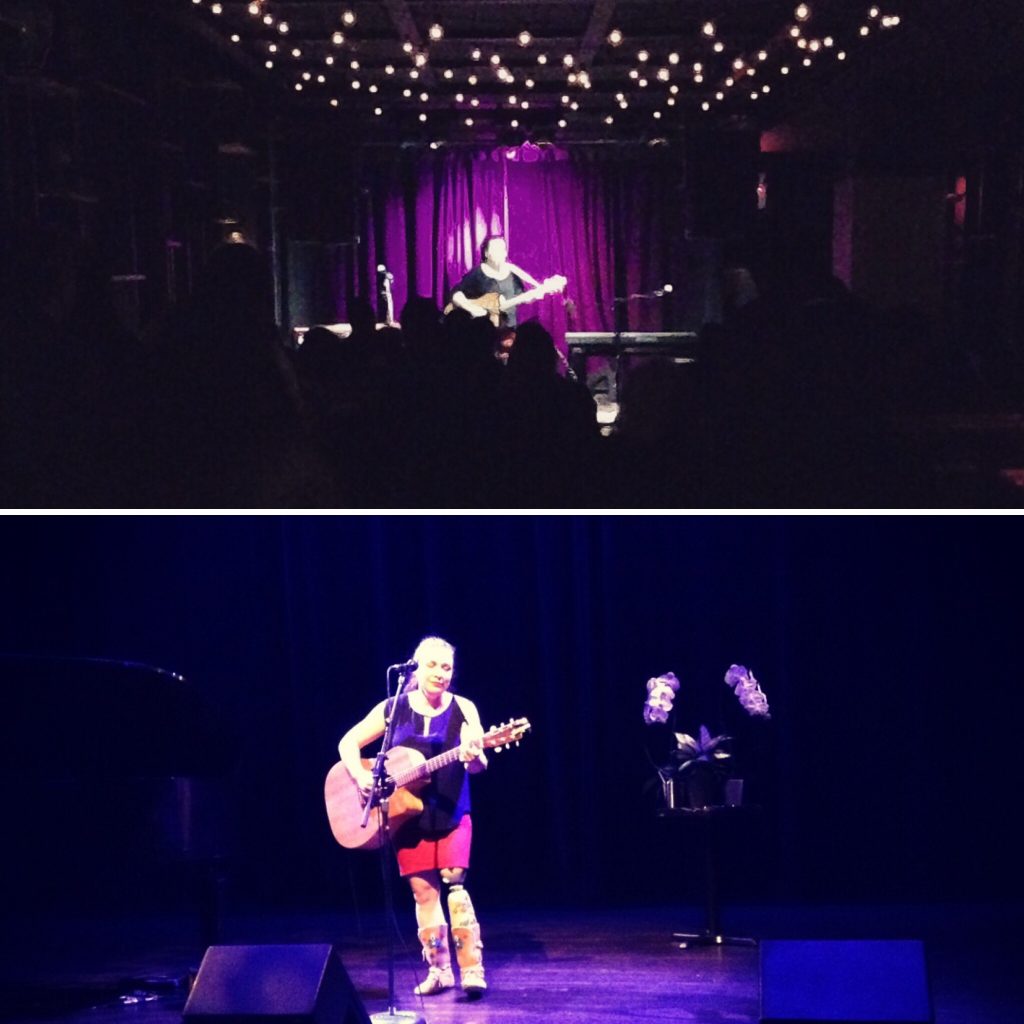 Christa performing on stage in front of a crowd at the Burdock and with flowers in the background at The Cultch